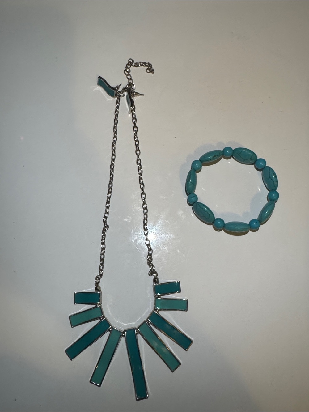 Fashion Jewelry Teal Enamel Spike Necklace with Beaded Bracelet